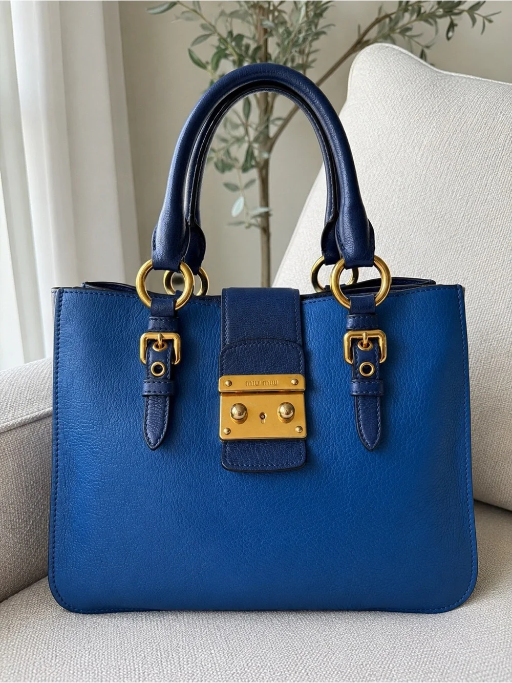 Miu Miu Two-Tone Blue Madras Leather Top Handle Satchel Tote Gold Lock Handbag